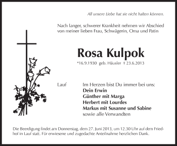 Traueranzeige von Rosa Kulpok von Pegnitz-Zeitung